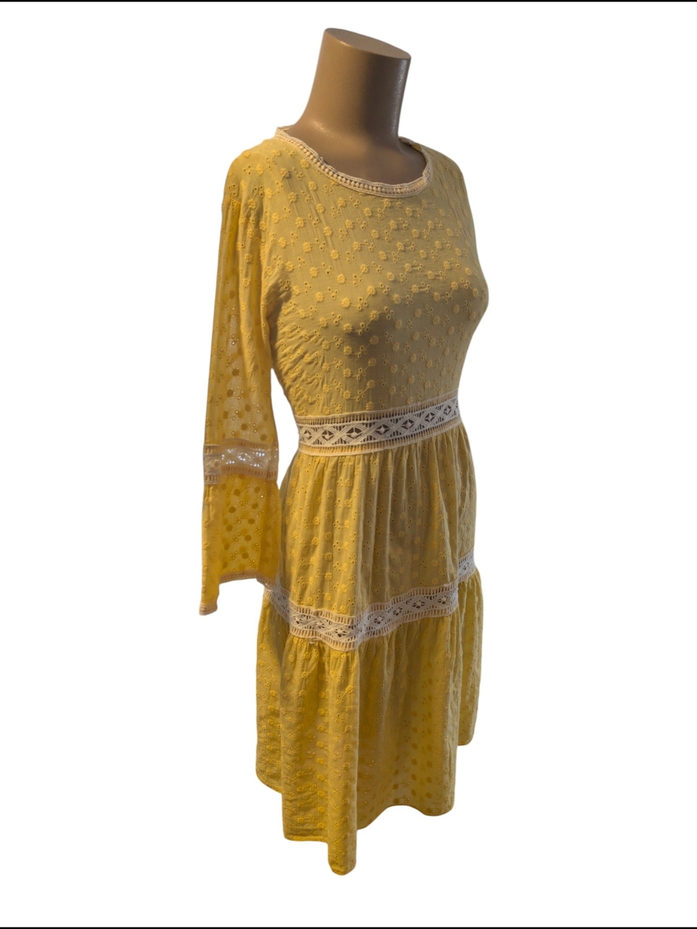 Yellow Eyelet Lace Trim Midi Dress Bell Sleeve Tiered Boho Cottagecore Size Med - Picture 3 of 3